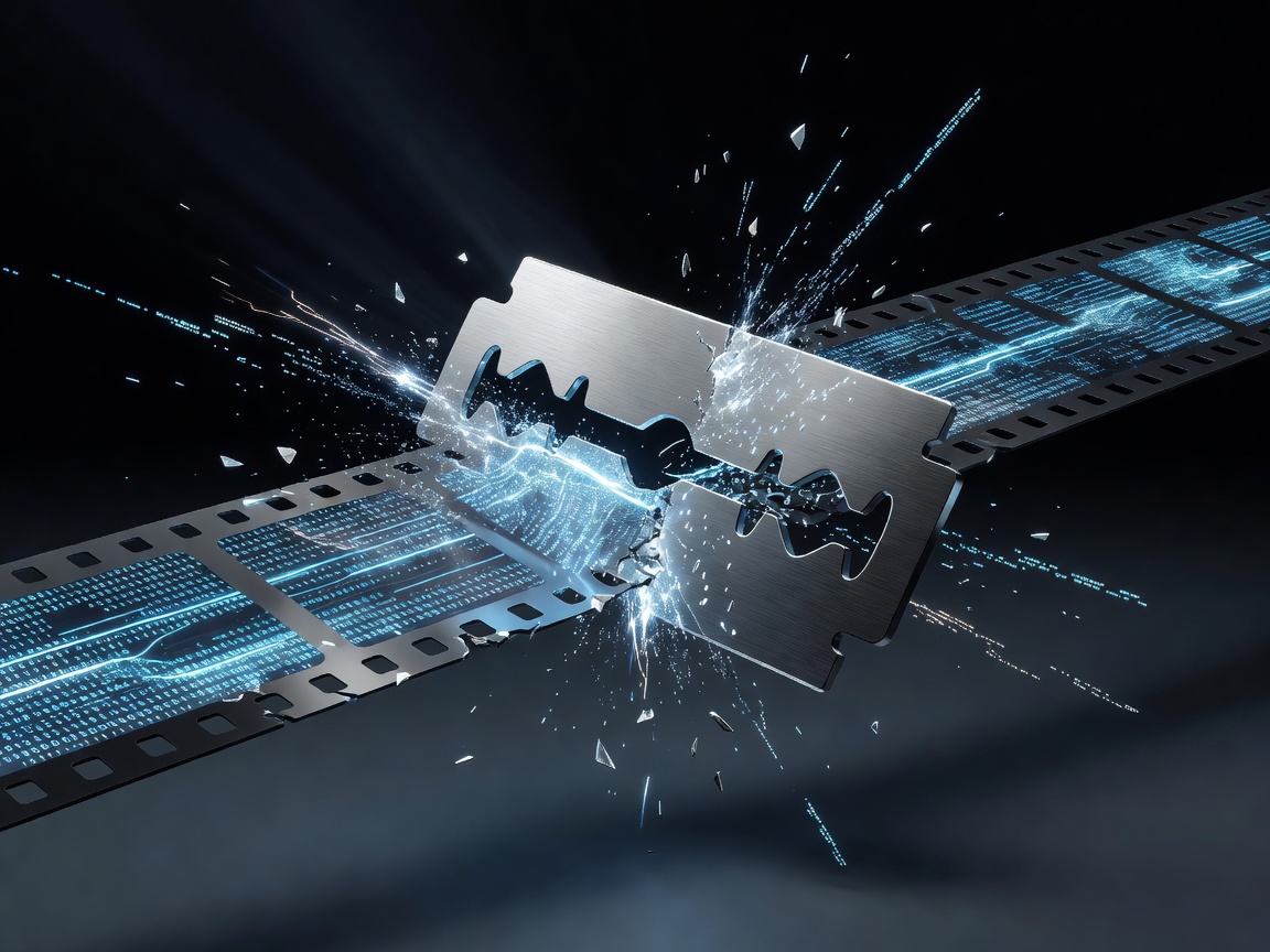 3D render of a razor blade slicing a digital film strip