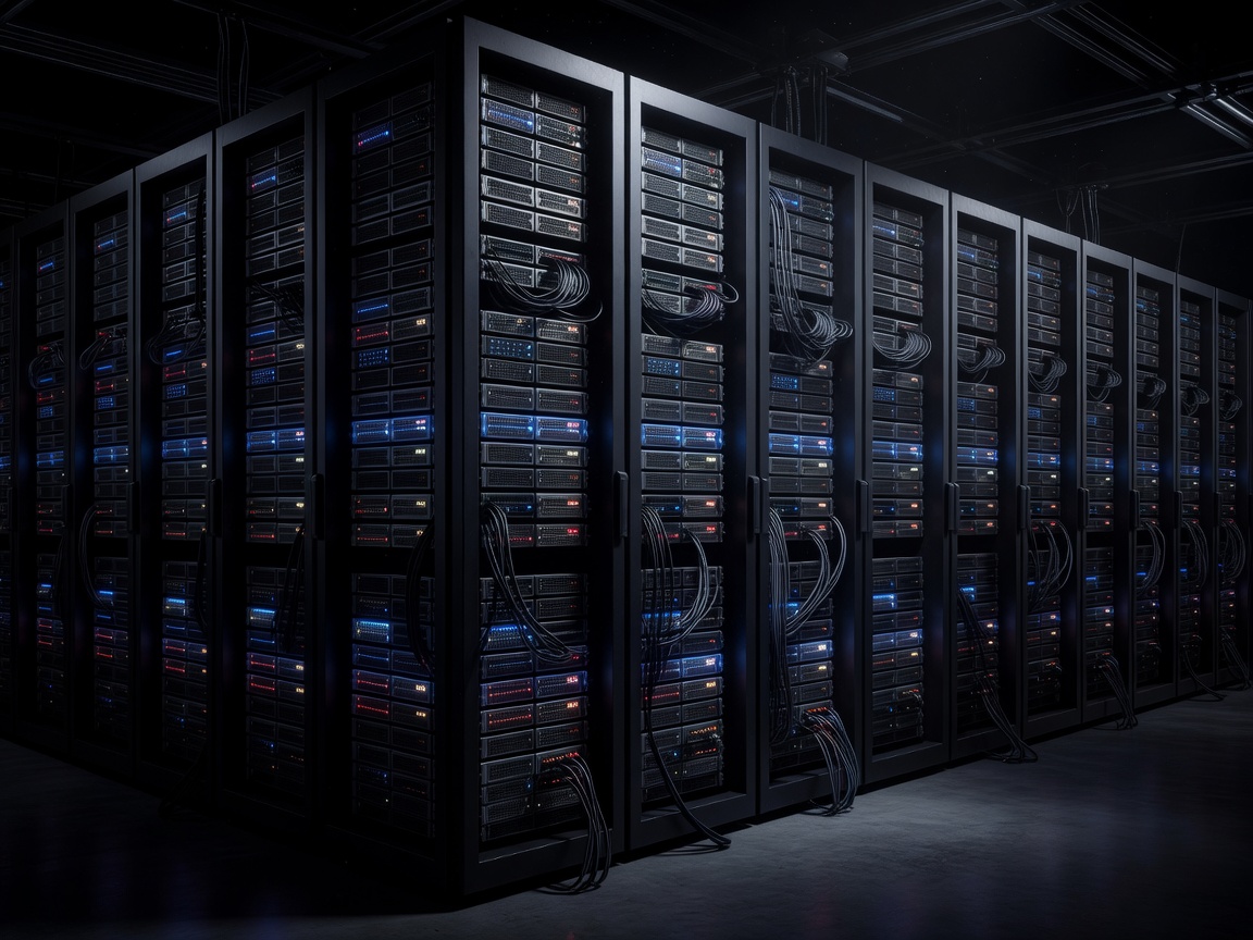 Dark 3D render of server racks representing data storage