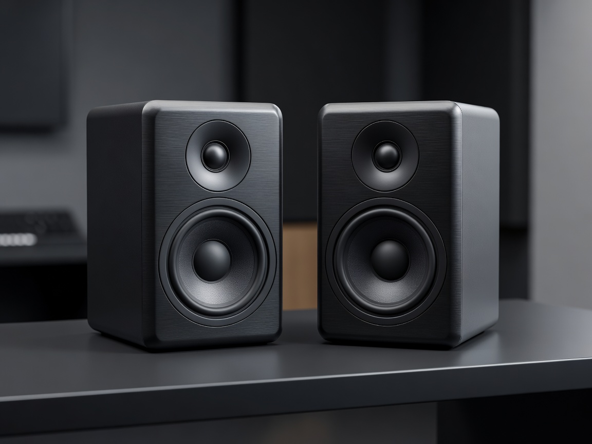 3D render of studio monitor speakers on a dark surface