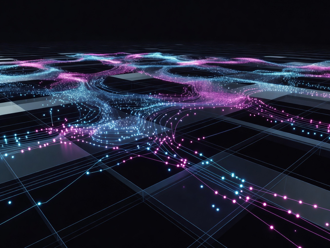 3D render of tracking data points overlaying a digital environment